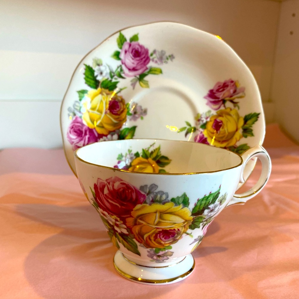 VTG Queen Anne Teacup and Saucer in the “Manor Roses” Pattern